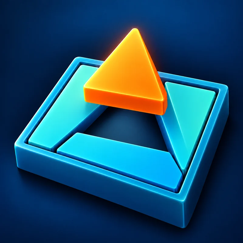 Three-dimensional blue triangular puzzle tray with a floating orange triangle